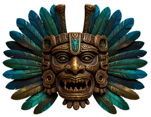 Ancient aztec ceremonial mask with vibrant feathers and intricate gold detailing