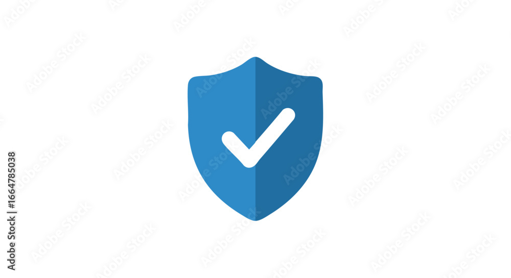 Poster blue security shield icon with white checkmark symbolizing protection and validation, providing assu