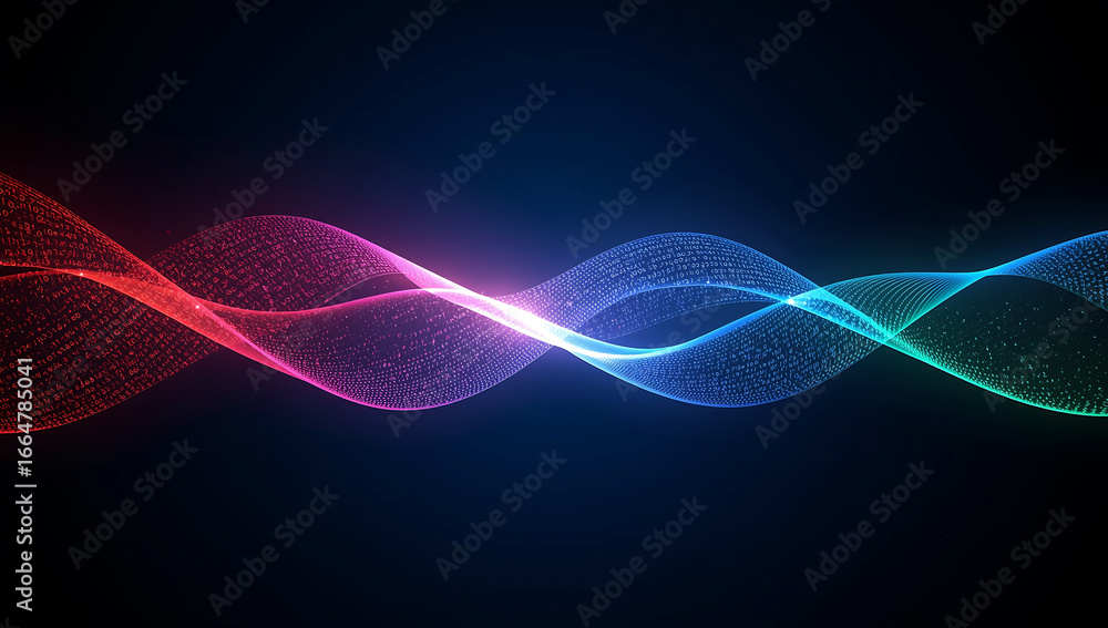 Poster abstract glowing wave of colorful particles flowing across a dark background with vibrant light