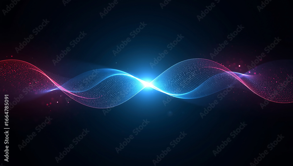 Poster abstract glowing blue and pink particle wave forming a dna helix structure with a bright light in th