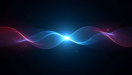 Abstract glowing blue and pink particle wave forming a dna helix structure with a bright light in the center