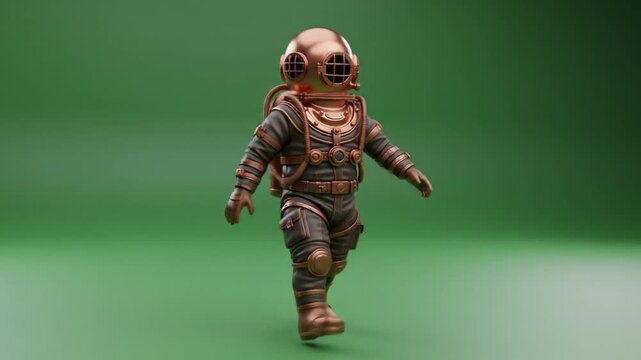 Animated Steampunk Diver Character Loop: Walking Cycle on Green Background with Retro Design