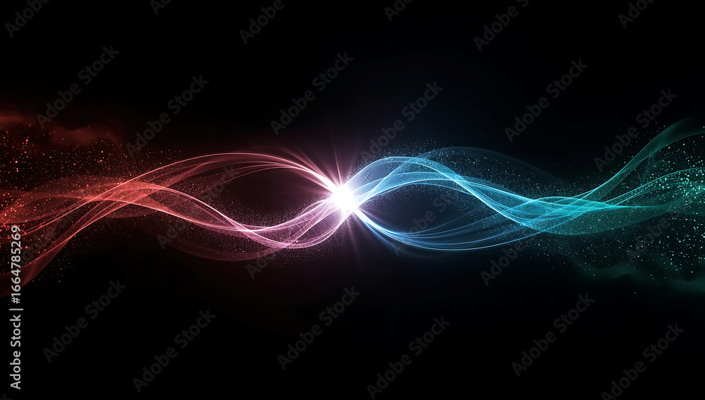 Poster abstract flowing waves of red and blue light particles creating an infinity symbol against a dark ba