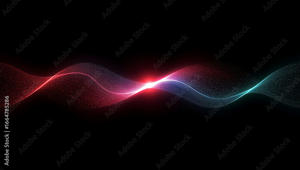 Poster abstract glowing wave of colorful particles flowing across a dark background with a bright central l