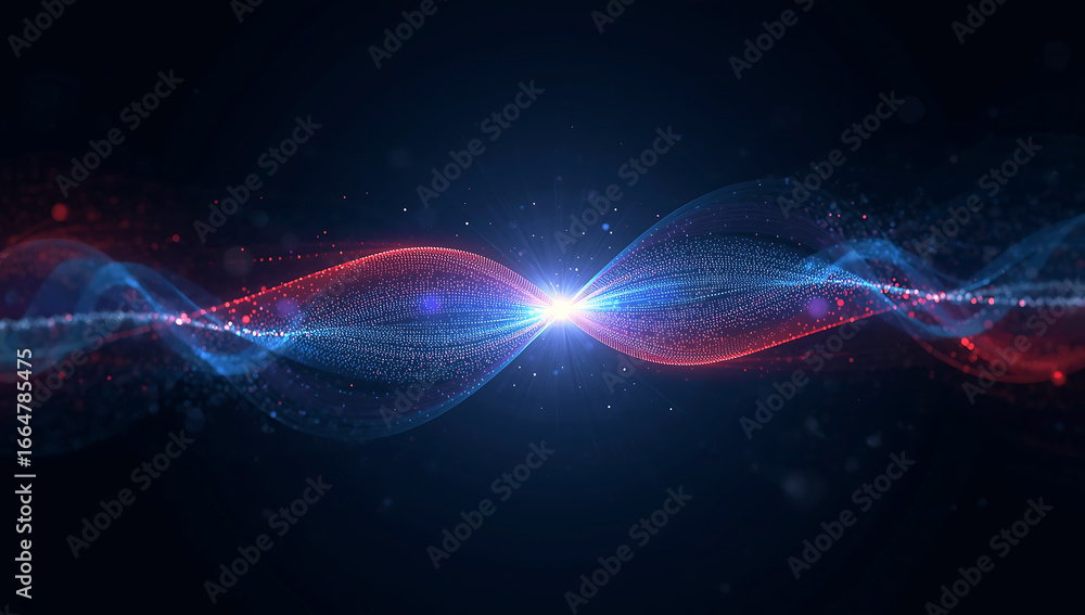 Poster abstract representation of colliding energy waves with a bright light at the center on a dark backgr