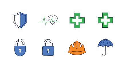 Diverse safety and protection icon set representing security well-being and accident prevention featuring shield health medical and construction