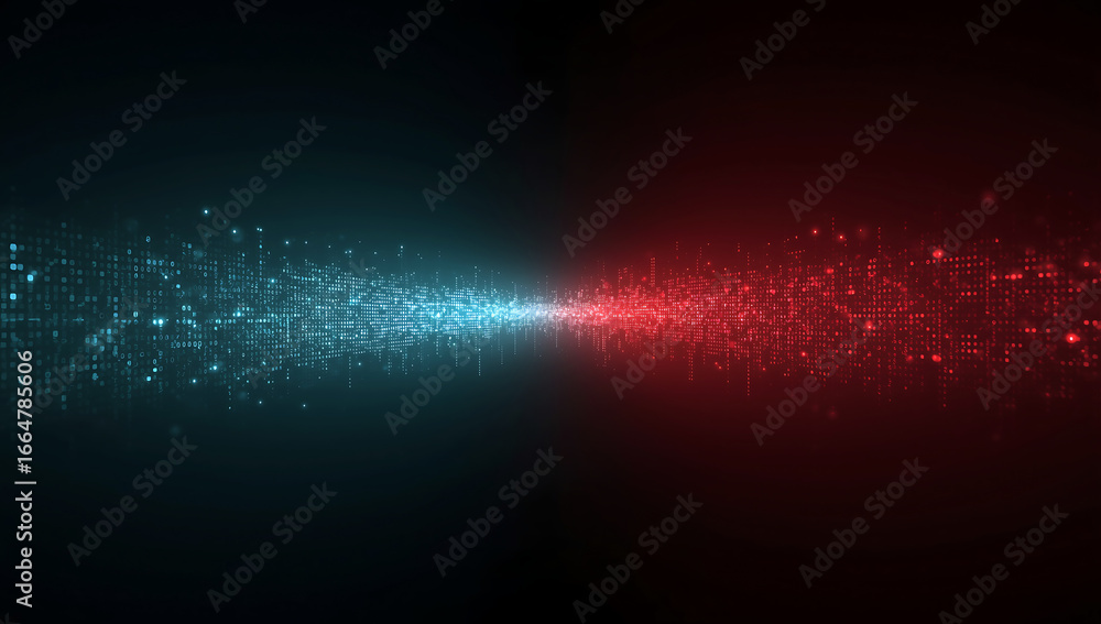 Poster abstract digital data stream with glowing blue and red lights in a dark futuristic technological bac