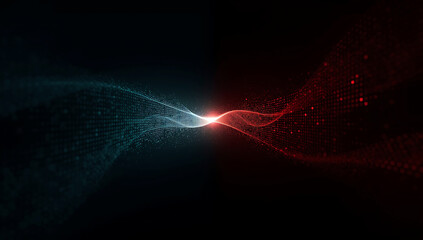 Abstract digital representation of a dna helix with glowing blue and red light against a dark background