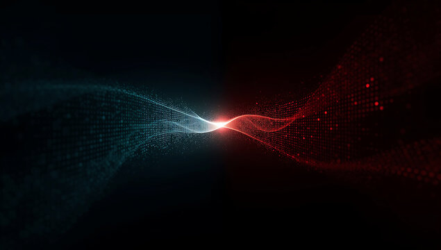 Abstract digital representation of a dna helix with glowing blue and red light against a dark background