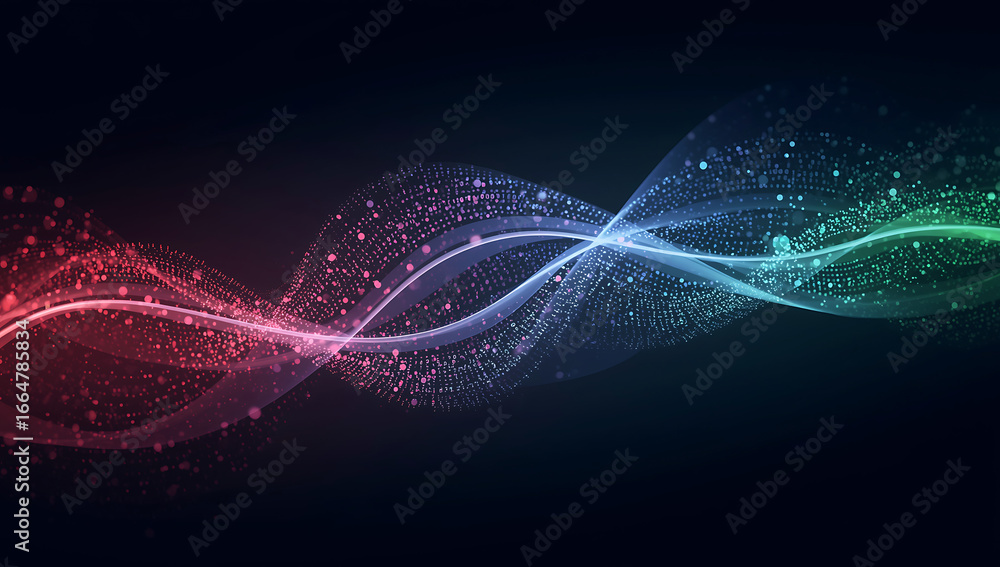 Poster abstract glowing wavy lines of colorful light particles flowing across a dark background