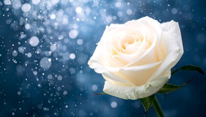 A delicate white rose, glistening with water droplets, is presented against a backdrop of softly blurred, sparkling, blue bokeh.