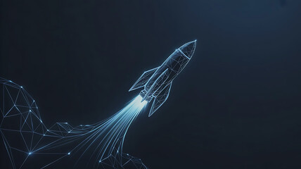 Futuristic metallic spacecraft with glowing blue exhaust blasting off into the dark expanse of outer space