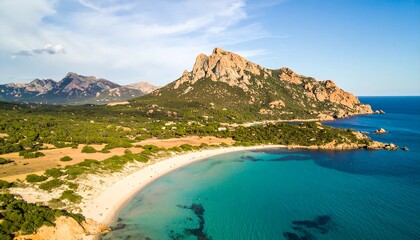 A breathtaking vista of a tranquil beach nestled between verdant hills and a dramatic coastline, showcasing a vibrant turquoise sea and a sandy shore.