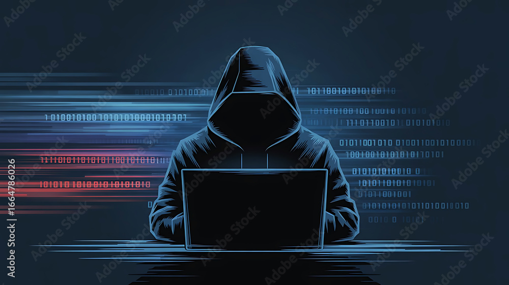 Poster anonymous hooded figure illuminated by glowing digital code on a laptop screen in a dark room
