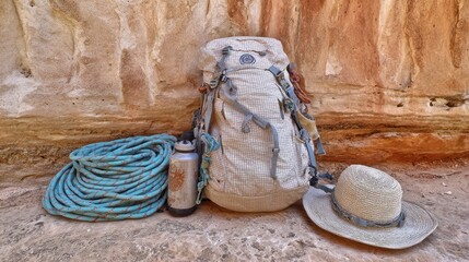 Backpack, rope, bottle, and hat before a rock wall on the ground