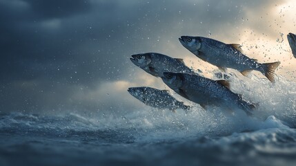 Salmon Leaping Upstream Through Water Showing Determination Against Stormy Sky