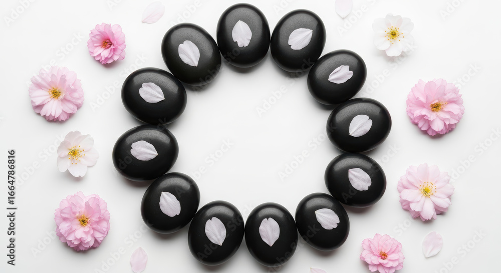 Poster black stones arranged in a circular pattern with delicate pink flower petals, creating a serene and 