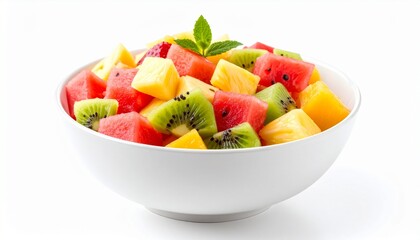 A vibrant and refreshing bowl of mixed fruit salad with diced watermelon, kiwi, and pineapple, presented as a healthy snack on a clean white background