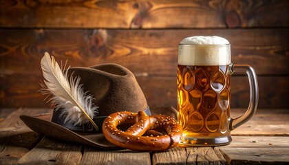 A frothy beer mug sits beside a pretzel and a traditional Bavarian hat with a feather on a rustic wooden surface.