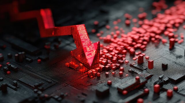 A red downward arrow on a dark background with glowing blocks, symbolizing financial loss, stock market decline, or economic recession.