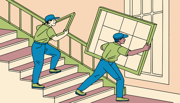 Workers wearing green shirts and blue pents with blue cap carrying a large window up a staircase, illustration, indoors, home renovation. Vector illustration