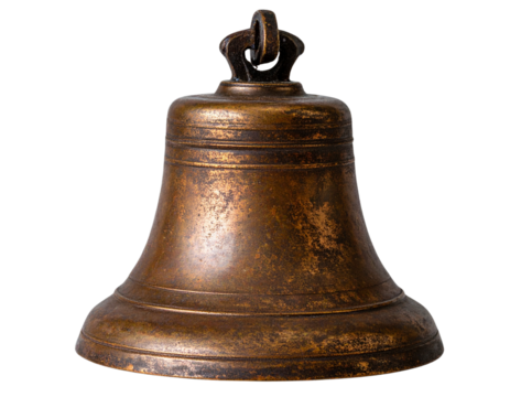 Antique bronze bell with ornate crown detail against a black background