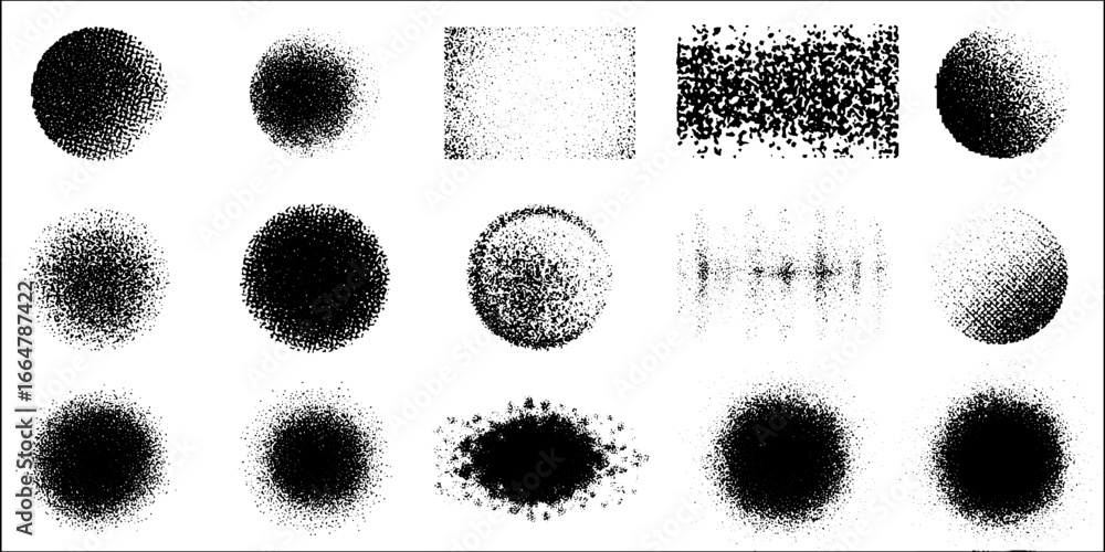 Poster stippling and dotwork design set featuring gradient and halftone patterns for art and decoration
