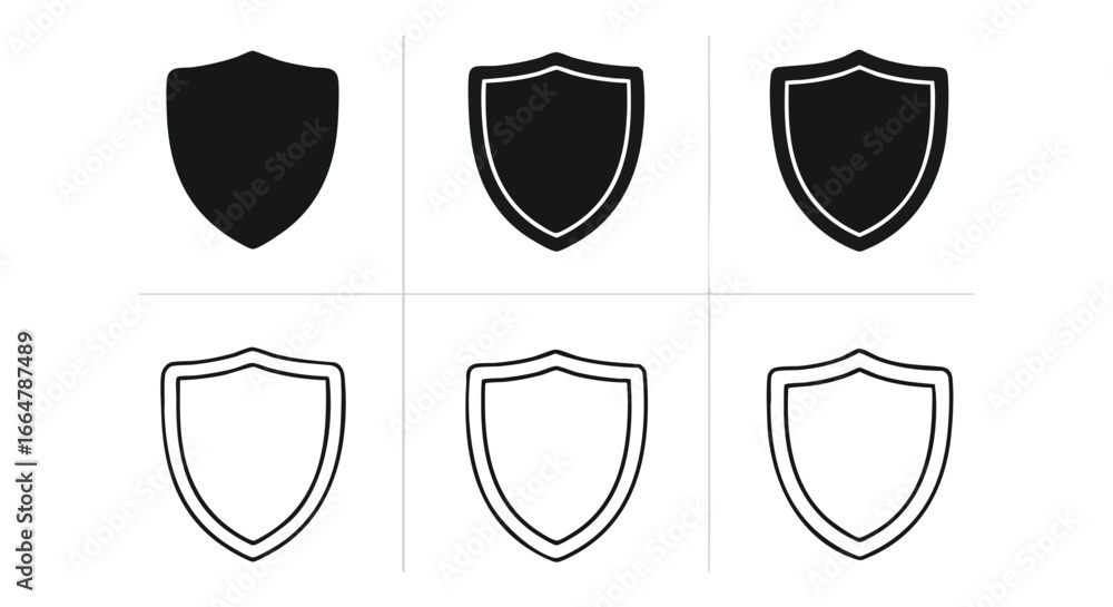 Poster collection of protective shield icons in varied styles on a clean white backdrop for security and de