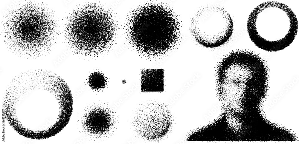 Poster abstract stippling and dotwork gradient circle set with portrait design elements