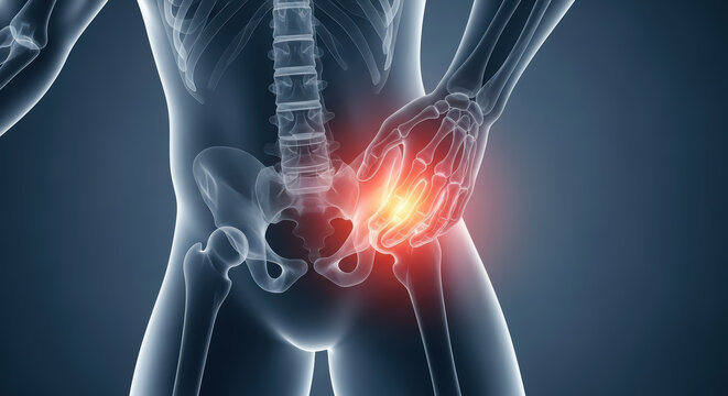Human skeletal anatomy illustration showing a male figure with highlighted hip pain, emphasizing the lower back and pelvic region, depicting health and medical concepts