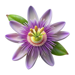 Intricate purple and white passion flower with green leaves