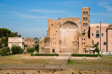 Rome, Italy - August 17, 2019: Temple of the goddesses Venus and Roma - once the largest religious...