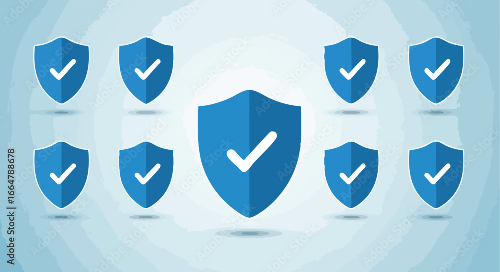 Poster network security configuration: multiple shields with checkmarks symbolizing protection system integ