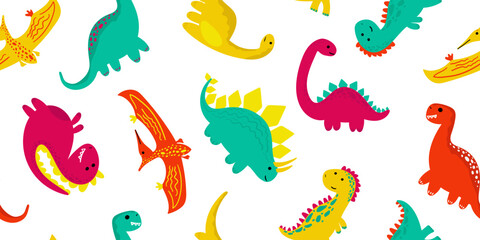 colorful kids dino vector seamless pattern for party decor nursery and textile prints doodle dinosaur in bright colors white background