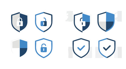 Stylized shield icons depicting security states: locked, unlocked, verified in blue tones representing digital safety features and data protection
