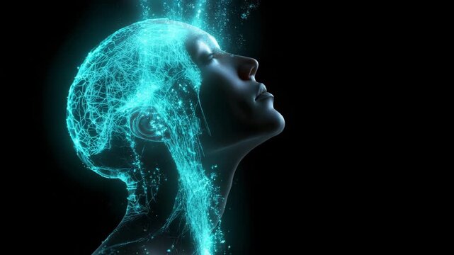 A woman's face is shown in a blue light. Futuristic conceptual silhouette showing particle light flow from gut upwards to glowing brain, gut brain axis, sci-tech blue teal black