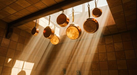 Copper Pots Hanging in Sunlit Kitchen Interior