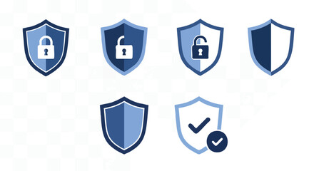 Shield icons with security symbols representing safety, protection, and assurance in digital and physical realms against threats, and data safety