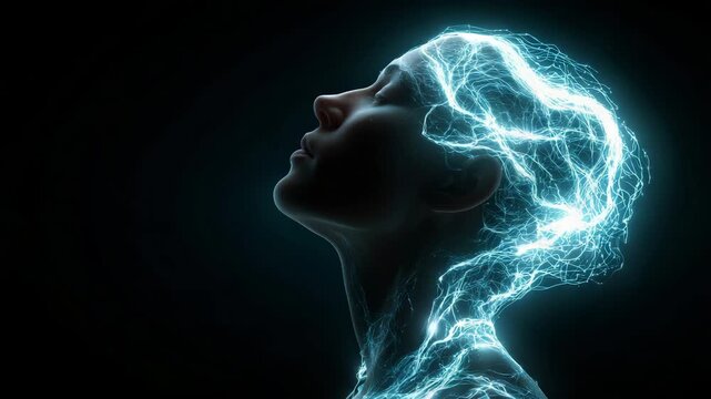 A woman's head with a glowing brain. Futuristic conceptual silhouette showing particle light flow from gut upwards to glowing brain, gut brain axis, sci-tech blue teal black