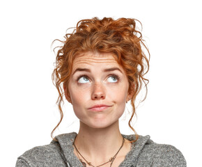 Thoughtful young woman pondering ideas portrait isolated on transparent background