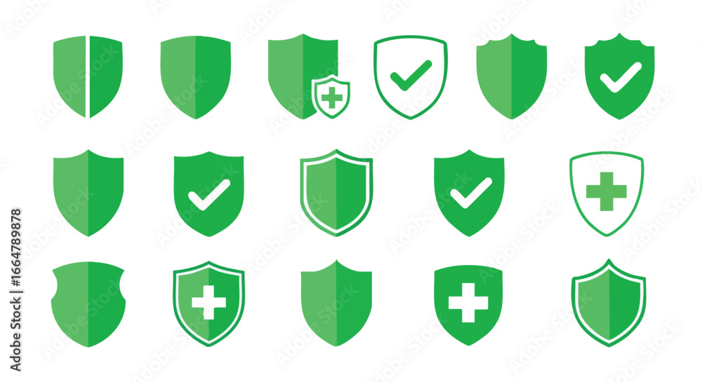 Poster collection of varied green shield icons denoting protection and safety in numerous forms with check 