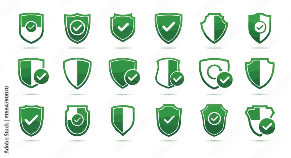 Poster diverse set of green shield icons, representing security, protection and approval with checkmarks, d