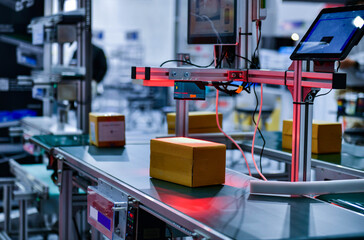Cardboard boxes on conveyor belt. parcels transportation system concept	