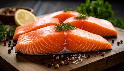 Fresh raw salmon fillets seasoned with aromatic dill, spices, and lemon on a rustic wooden board, prepared for a healthy gourmet meal