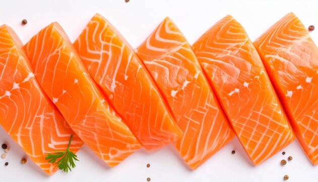 Fresh raw salmon fillets sliced into portions and arranged on a white background with parsley and peppercorns, ready for cooking a healthy meal