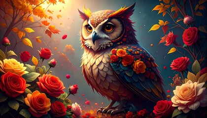 A magnificent owl, adorned with vibrant roses and autumn leaves, creates a captivating autumnal scene.
