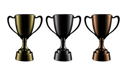 Gold, black, and bronze trophies – award cups for first, second, and third place.