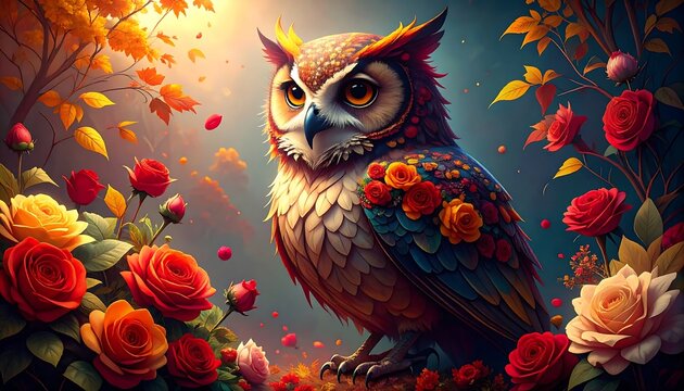 A magnificent owl, adorned with vibrant roses and autumn leaves, creates a captivating autumnal scene.