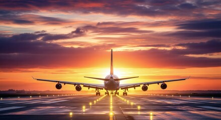 Airplane on illuminated runway at sunset with dramatic sky, symbolizing aviation, global travel, departure, and transportation themes.