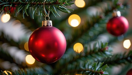 Fototapeta premium Close-up of a shiny red Christmas bauble hanging from a decorated evergreen tree branch, close-up, tree branch